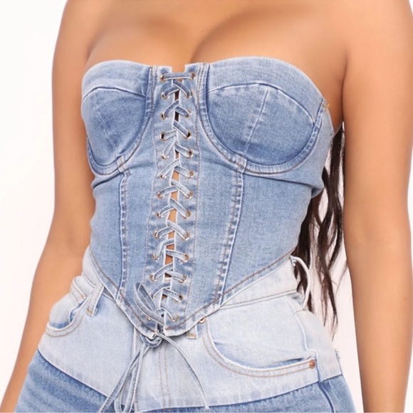 Fashion Nova Tops - Fashion Nova Strapless Lace Up Denim Corset Top - Medium Wash